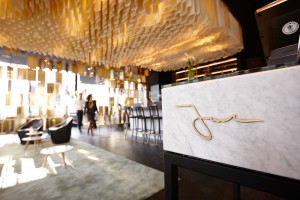 Joelia_interior with messing, marble,oak and paper light sculpture